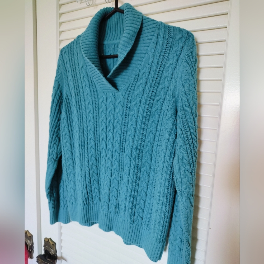 Teal Shawl-Collar Cable Knit Pullover Size Small
